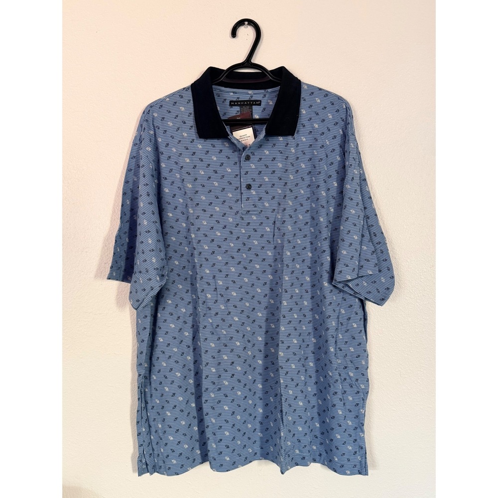 Manhattan Mens XL Blue Geometric Print Short Sleeve Polo Shirt NWT